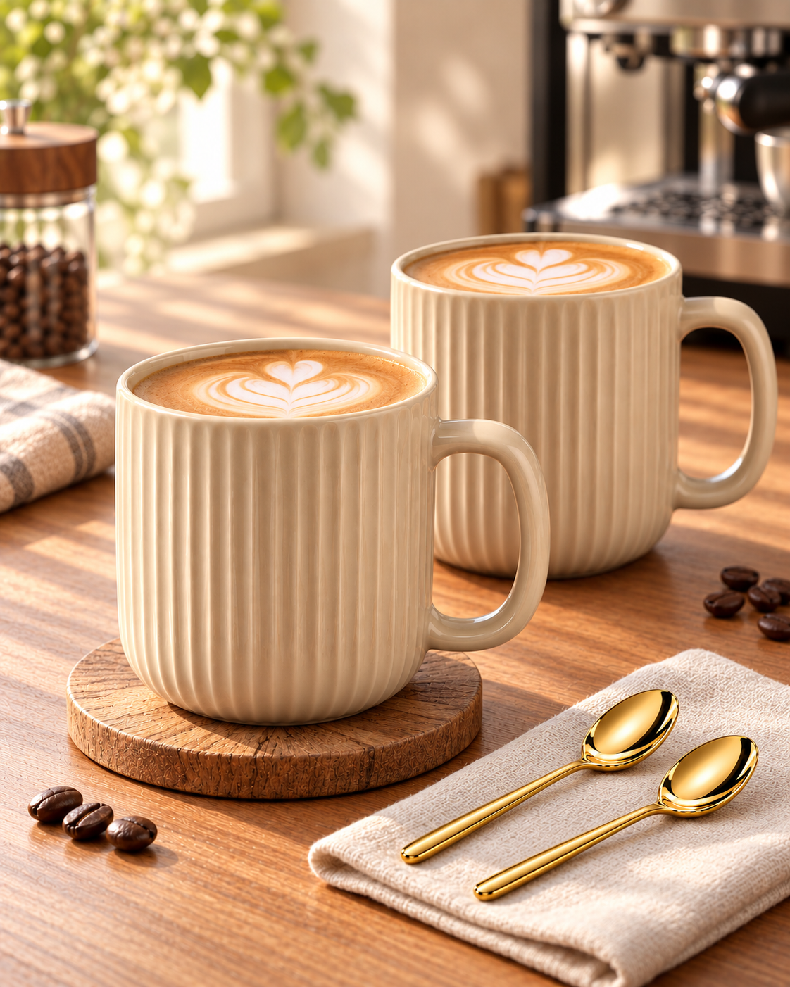 Soft Sand Ceramic Mug with Gold-Plated Spoon Set ( Combo of 2 )