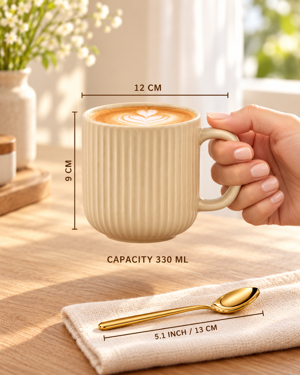 Soft Sand Ceramic Mug with Gold-Plated Spoon Set ( Combo of 2 )
